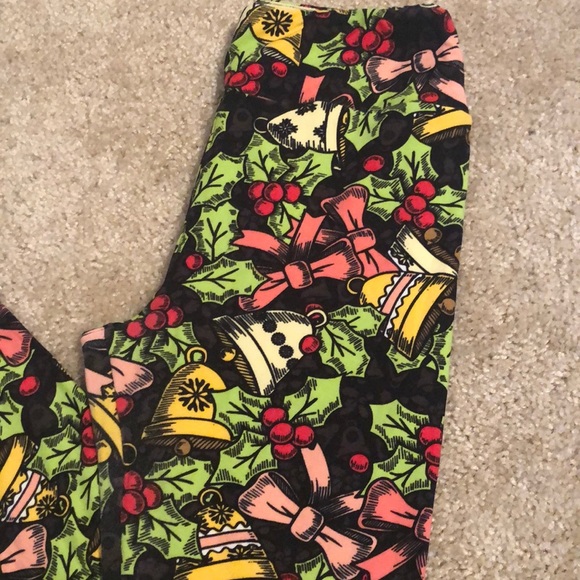 Lularoe one size leggings Christmas gifts bows bells black gold pink pants - Picture 2 of 7